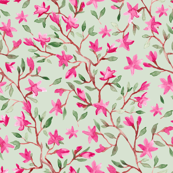 Pink flowers branch watercolor painting - hand drawn seamless pattern on light green - Valokuva, kuva