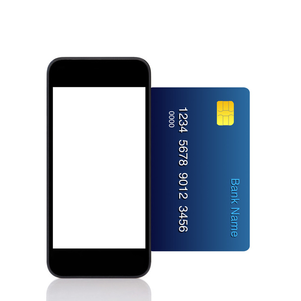 Isolated touch phone and a blue credit card - Fotó, kép