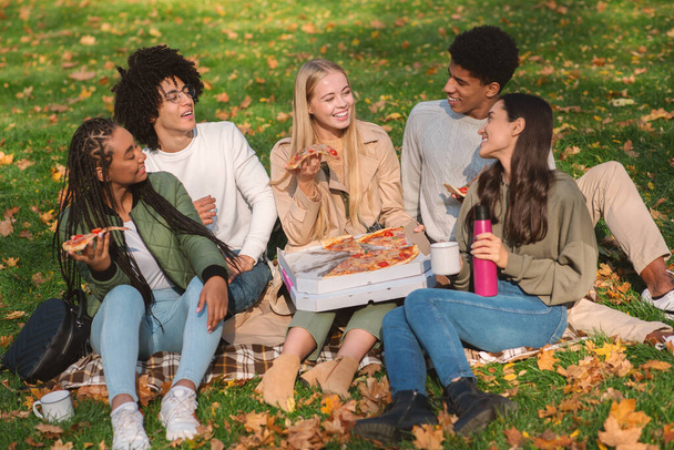Веселые друзья едят пиццу в общественном парке - Фото, изображение