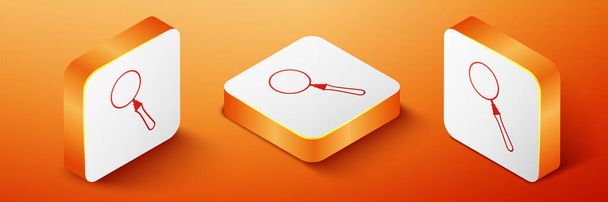 アイソメトリックオレンジの背景に分離された拡大ガラスのアイコン。検索、フォーカス、ズーム、ビジネスシンボル。オレンジの四角形のボタン。ベクトル - ベクター画像