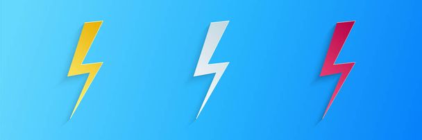 Papiergeschnittenes Blitz-Symbol isoliert auf blauem Hintergrund. Flash-Symbol. Laden Sie Flash-Symbol. Blitzschlag. Blitzschlag. Papierkunst. Vektor - Vektor, Bild