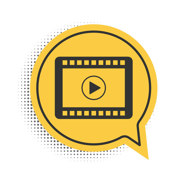 Ikona Black Play Video izolované na bílém pozadí. Filmový proužek s nápisem. Žlutý symbol bubliny řeči. Vektor - Vektor, obrázek