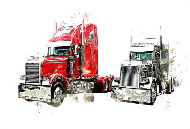 Amerykański samochód ciężarowy ilustracja kolor izolowane sztuka vintage retro - Zdjęcie, obraz