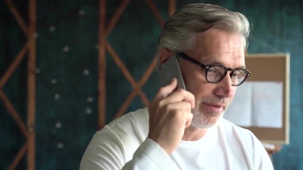 Mature businessman at his desk talking on smartphone. - Záběry, video