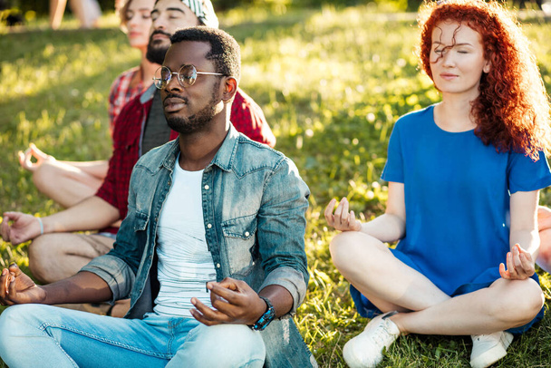 Group of adult mix-race friends meditating while practice yoga outside in park. - Фото, зображення