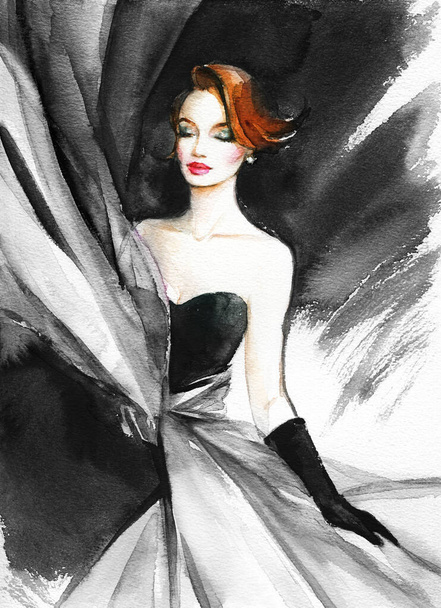 beautiful woman. fashion illustration. watercolor painting - Фото, зображення