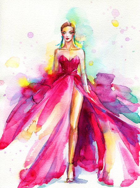 beautiful woman. fashion illustration. watercolor painting - Foto, afbeelding