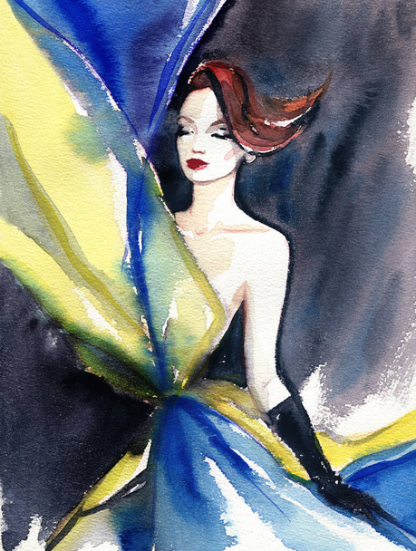 beautiful woman. fashion illustration. watercolor painting - Фото, зображення