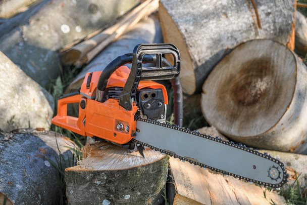 チェーンソーで切り取られた薪や木を背景に庭の薪の山の上に立つチェーンソー. - 写真・画像