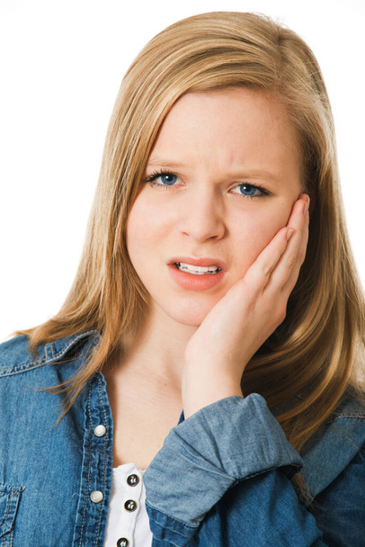 Girl has tooth pain isolated on white - Photo, Image