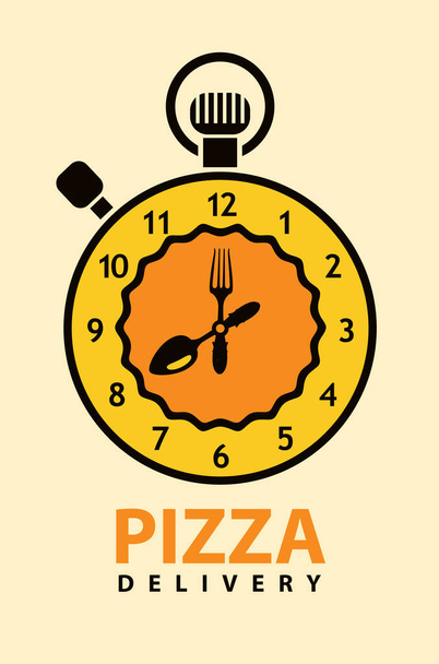 Creative banneri pizzeria teema pizzan toimitus. Vektori kuva sekuntikello muodossa koriste oranssi pizza kevyellä taustalla tasainen tyyli. - Vektori, kuva