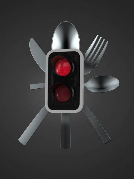 Rote Ampel mit Besteck auf grauem Hintergrund. 3D-Illustration - Foto, Bild