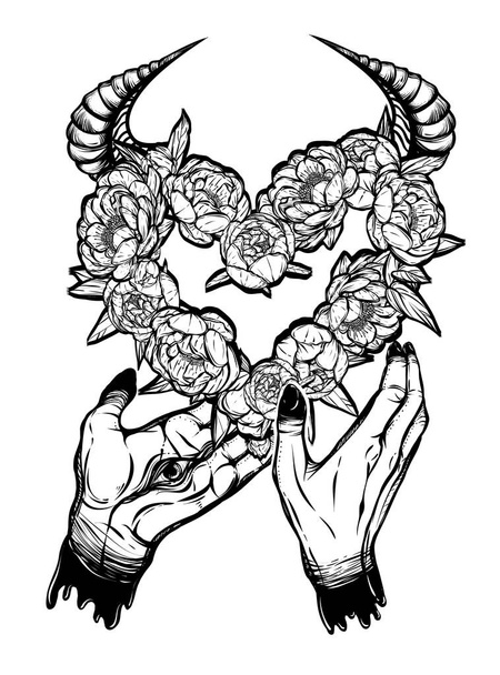 Vector illustration. demonic hands with eyes, wreath of peonies flowers, mysticism. Handmade, prints on T-shirts. background white, tattoos - Vektor, Bild
