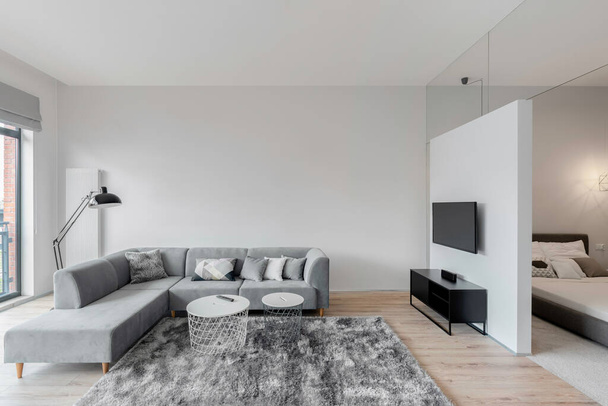 Geräumiges weißes und graues Wohnzimmer mit Fernseher neben dem Schlafzimmer - Foto, Bild