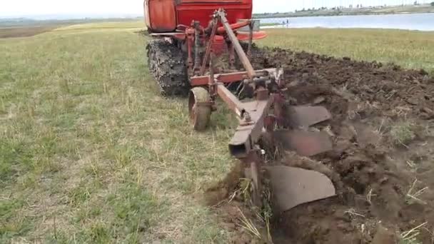 Un agricultor cultiva un campo en un tractor de orugas y afloja el suelo con y destruye las malas hierbas, preparando el campo para la plantación. Enriquecimiento de oxígeno. Imágenes de 4k. - Metraje, vídeo