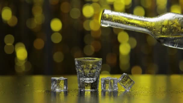 Barman giet bevroren wodka uit fles in borrelglas. IJsblokjes tegen glanzend goud partij achtergrond - Video