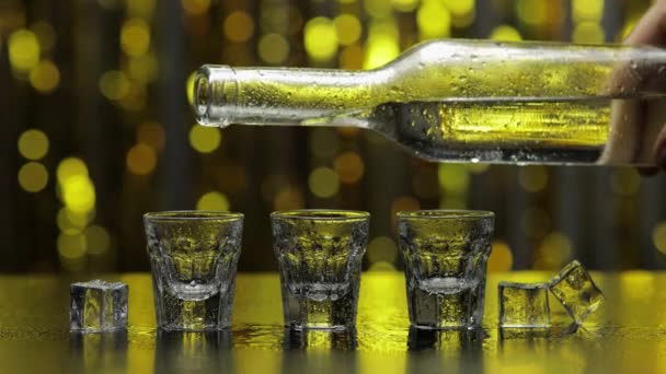 Barman vierta el vodka congelado de la botella en un vaso de chupito. Cubos de hielo contra fondo brillante fiesta de oro - Imágenes, Vídeo