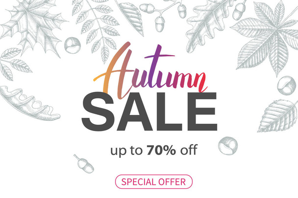 Vector Sale Autumn poster. Lettering. Sketch. Hand drawn doodle leaves maple, birch, chestnut, acorn, ash tree, oak. Engraving illustration.Special Offer, up to 70% off. Advertising - ベクター画像