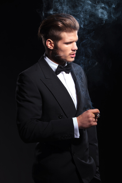 Seite eines Modemanns im Smoking, der eine Zigarre raucht - Foto, Bild