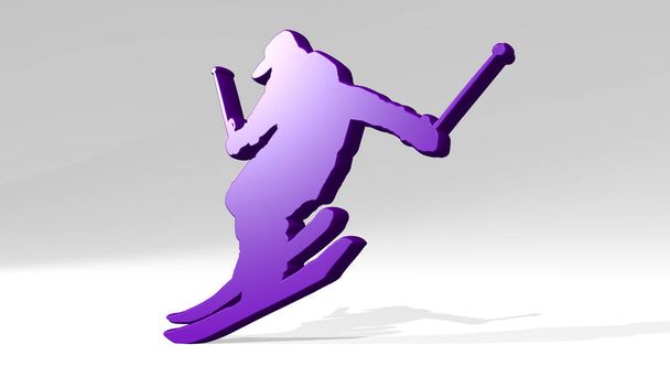 athletischer Mann, hergestellt durch 3D-Illustration einer metallisch glänzenden Skulptur mit Schatten auf hellem Hintergrund. Sportler und Aktive - Foto, Bild