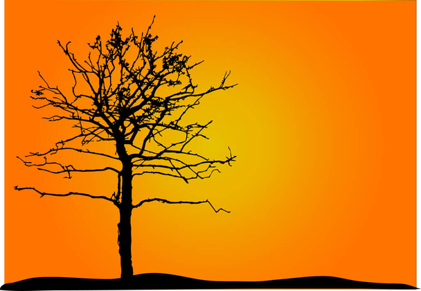 Романтический зимний закат с силуэтом дерева. Желтое солнце, оранжевое небо, черное дерево, горы. - Вектор,изображение