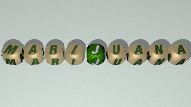 combinatie van MARIJUANA gebouwd met kubieke letters vanuit het topperspectief, uitstekend voor de conceptpresentatie. cannabis en achtergrond - Foto, afbeelding