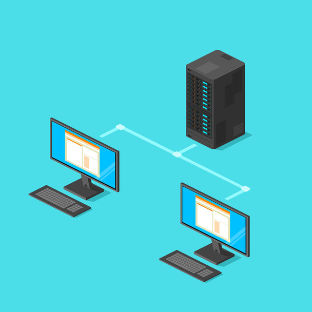 Isometric Computer Network Connected to Server - Vector Icon Illustration - Vector, Image
