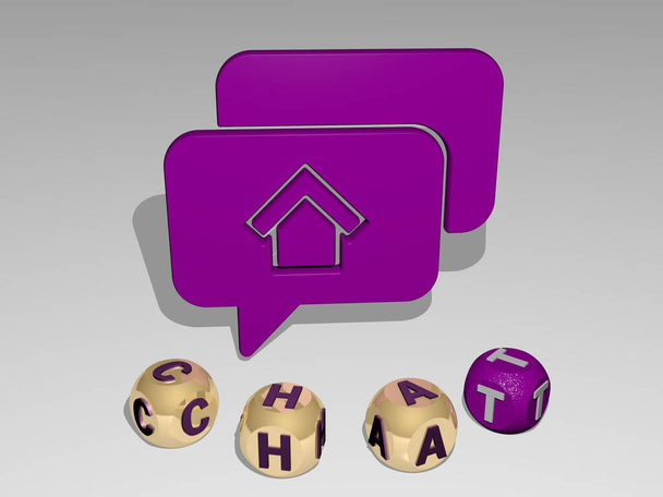 3D illusztráció chat grafika és szöveg körül az ikon által készített fém kocka betűk a kapcsolódó jelentését a koncepció és előadások. kommunikáció és üzleti tevékenység - Fotó, kép