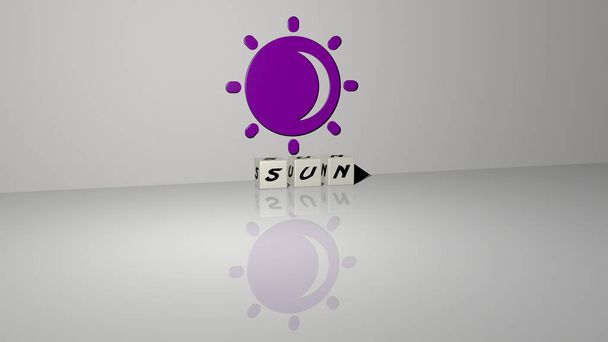 Representação 3D do sol com ícone na parede e texto dispostos por letras cúbicas metálicas em um piso espelho para o significado conceito e apresentação slideshow. fundo e ilustração
 - Foto, Imagem