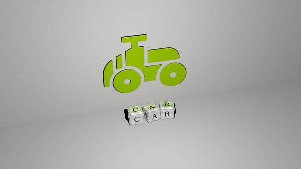 3D-Illustration von CAR-Grafiken und Text, hergestellt durch metallische Würfelbuchstaben für die damit verbundenen Bedeutungen des Konzepts und der Präsentationen. Auto und Automobil - Foto, Bild