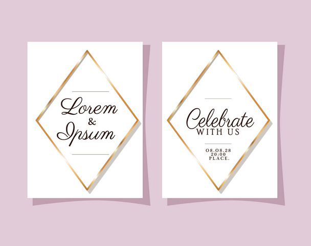 Dos invitaciones de boda con marcos de oro diseño de vectores - Vector, imagen