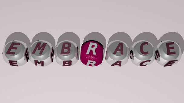 Kreuzworträtsel der Umarmung, angeordnet durch kubische Buchstaben auf einem Spiegelboden, Konzept, Bedeutung und Präsentation. Paar und glücklich - Foto, Bild