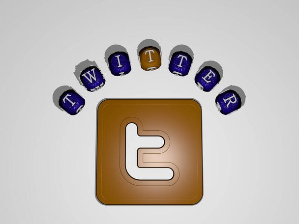 3D illustratie van TWITTER graphics en tekst rond het icoon gemaakt door metalen dobbelstenen letters voor de gerelateerde betekenissen van het concept en presentaties. sociale zaken en media - Foto, afbeelding