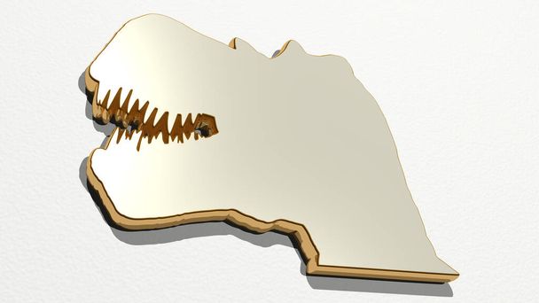 dinosaure réalisé par illustration 3D d'une sculpture métallique brillante sur un mur avec un fond clair. animal et dessin animé - Photo, image