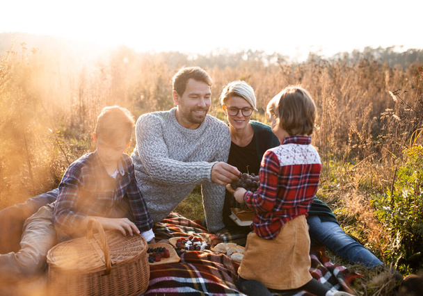 Beautiful young family with small children having picnic in autumn nature. - Foto, Imagen