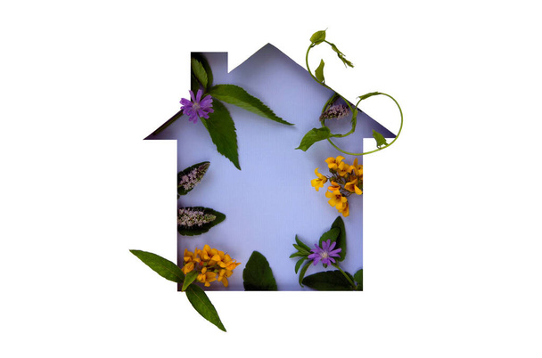 Coronavirus, logo de protection COVID-19 avec fond naturel. Forme découpée en papier sous la forme d'une maison avec des plantes naturelles et des fleurs à l'intérieur. Concept d'écologie. Le soin de la nature. Espace de copie. - Photo, image