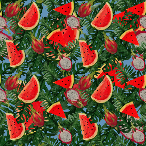 Modern naadloos patroon met drakenfruit, watermeloen, tropische bladeren Zomer vibes op blauwe achtergrond. Handbeschilderde botanische illustratie voor textiel, verpakking, stoffen. - Foto, afbeelding