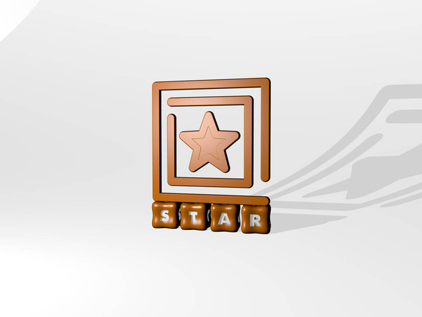 3D-Grafik des Sterns vertikal mit Text aus metallischen kubischen Buchstaben aus der Perspektive von oben, hervorragend für die Konzeptpräsentation und Diashows. Abbildung und Hintergrund - Foto, Bild