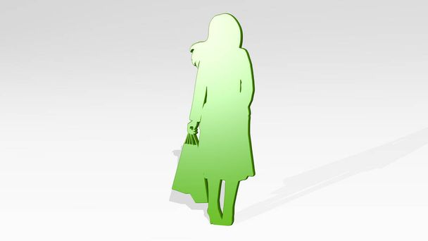 mujer del puesto de compras con sombra. Ilustración 3D de la escultura metálica sobre un fondo blanco con textura suave. hermosa y joven - Foto, Imagen