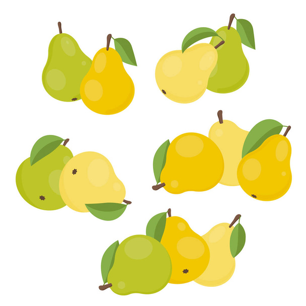 Pears with leaves in different angles. Set of colored icons. Vector illustration. - Vecteur, image