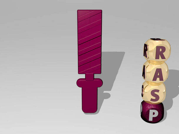 3D illustration of RASP graphics and text around the icon made by metallic dice letters for the related meanings of the concept and presentations - Photo, Image