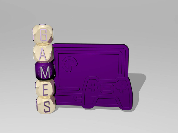 3D графическое изображение GAMES вертикально вместе с текстом, построенным вокруг иконки металлическими кубическими буквами сверху. отлично подходит для презентации концепции и слайд-шоу. иллюстрация - Фото, изображение