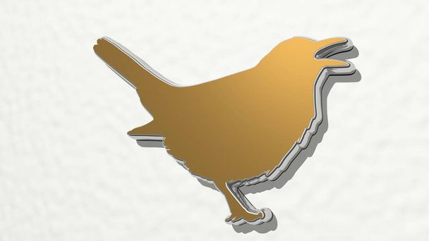 Vogel, hergestellt durch 3D-Illustration einer metallisch glänzenden Skulptur auf einer Wand mit hellem Hintergrund. Tier und schön - Foto, Bild