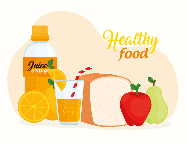 healthy food, fruits with bread and juice bottle - Vector, Image