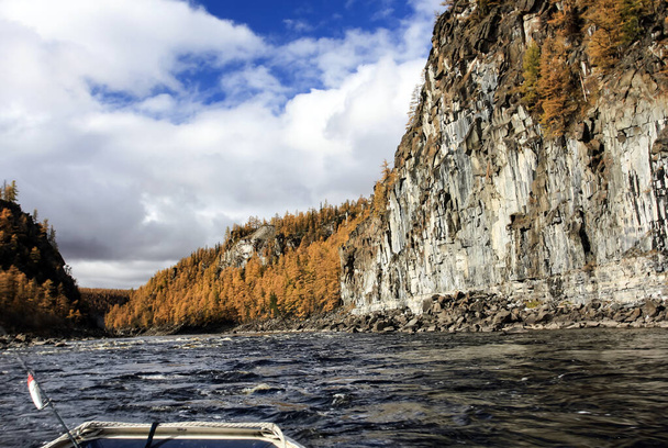 Восени над Сибірською річкою нависає скеляста ущелина. Потік води в гірській тайзі на півночі Красноярської території..  - Фото, зображення