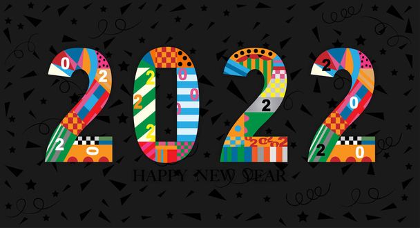 Siyah zemin üzerinde geometrik stil renginde tipografi metni 2022, Greeting Lettering için yaratıcı deco tasarımı. Çin Yeni Yılı 2022 El ilanları, afişler ve takvimler için öküz yılı - Vektör, Görsel