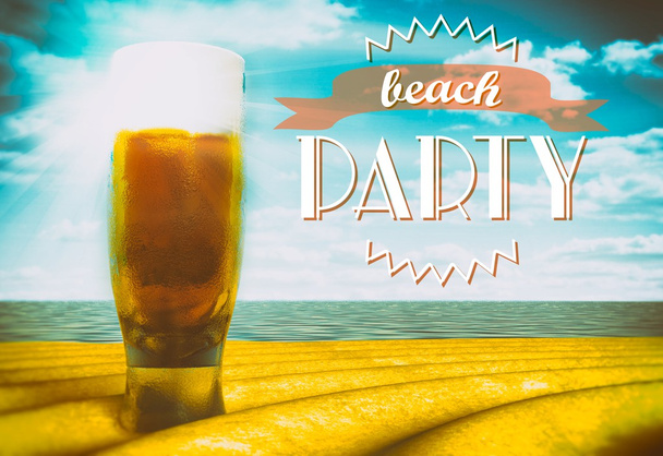 Beach party sign, beer glass on sand - Foto, imagen