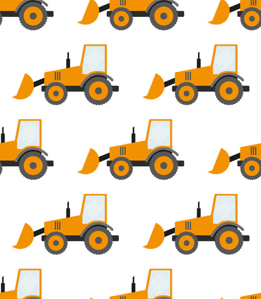 Бесшовный узор со строительными дорожками: ковша, бульдозер, трактор, экскаватор, бетономешалка. Плоская векторная иллюстрация. eps - Вектор,изображение