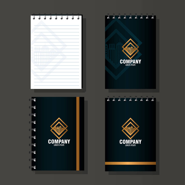 identidade corporativa marca mockup, notebooks preto, mockup com sinal de ouro
 - Vetor, Imagem
