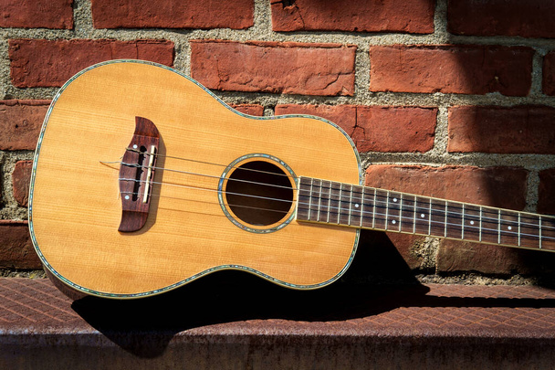 Baryton acoustique ukulele guitare gauche à l'extérieur du lieu de représentation againts mur de briques - Photo, image